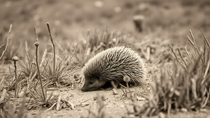 An echidna in the scrub - sepia, landscape