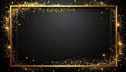 Elegant golden glitter frame with sparkling light particles and glowing effects on a sophisticated dark black background