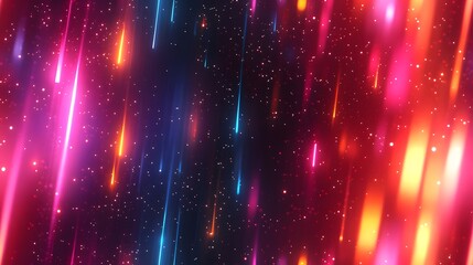 Vibrant neon streaks and glowing particles create a dynamic, celestial backdrop.