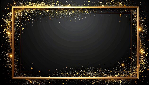 Elegant golden glitter frame with sparkling light particles and glowing effects on a sophisticated dark black background