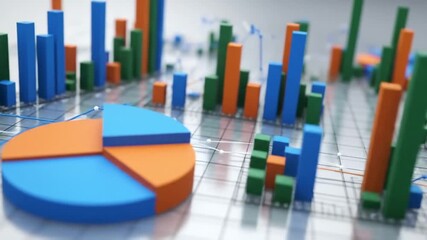 Animated Business Charts with Orange and Blue Pie Chart and Green Bar Chart on a Grid