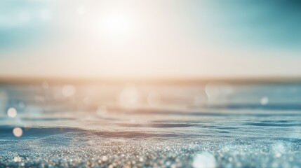 blurred background of the sea, light blue and white tones, sun shining on the water's surface, bokeh effect