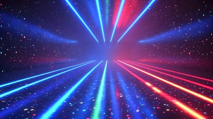 Naklejka premium A vibrant, futuristic tunnel featuring radiating neon light trails, creating a dynamic and otherworldly space.