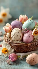 pastel-painted Easter eggs in a wicker basket, surrounded by blooming tulips and daffodils, all made of chocolate, soft natural sunlight, shallow depth of field