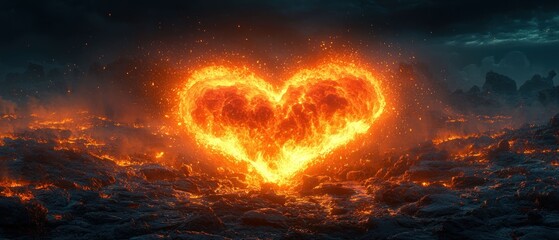 Fiery Heart in Volcanic Landscape: A Digital Art Masterpiece