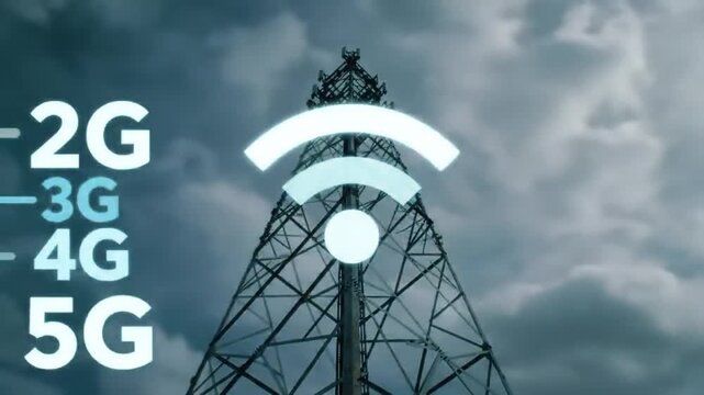 Cell Tower Silhouette Against Dramatic Cloudy Sky Illustrating Wireless Communication and Network Evolution, Including 2G 3G 4G and 5G Technologies