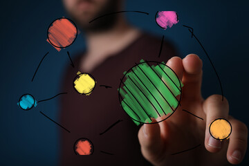 Hand interacting with a vibrant network visualization,concept of connection, collaboration, and innovation.