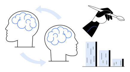 Two human brains connected by arrow, artist hand with paintbrush symbolizing creativity, growing bar chart. Ideal for collaboration, innovation, knowledge transfer, progress, education, growth