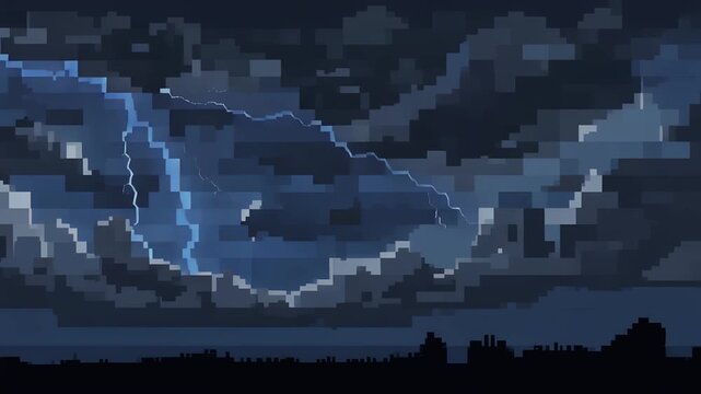 8-bit pixel thunderstorm night sky with glowing blue lightning bolts striking dark clouds, retro pixelated storm scene, vintage 8-bit lightning nightscape, pixel art stormy sky background