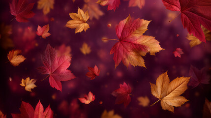 Fototapeta premium Burgundy Autumn Leaves with Sparkling Highlights on Dark Background