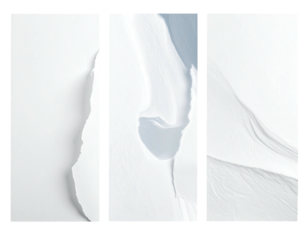 Three panels of torn white paper, showcasing intricate folds and creases