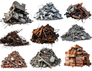 Nine piles of construction debris, various materials