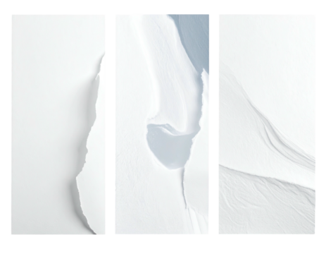 Three panels of torn white paper, showcasing intricate folds and creases