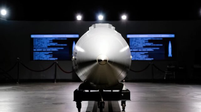 A detailed look at a historical nuclear device showcased in a museum. Interactive screens provide information about its design and historical significance