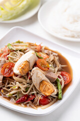 Thai food (Som Tum), Spicy papaya salad with steamed pork sausage and salted egg