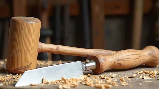 Woodworking scene featuring a wooden mallet and chisel on a workbench with shavings