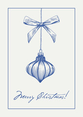 Vintage illustration Marry Christmas toy with bow. Blue beige. Hand drawn, single engraved element. Vector background for design holiday decor, decoration, greeting card, cover, poster. Minimalism