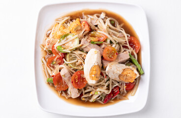 Thai food (Som Tum), Spicy papaya salad with steamed pork sausage and salted egg