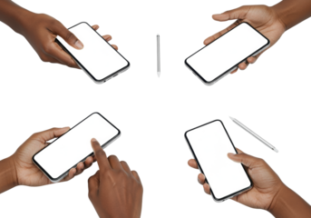 Four diverse human hands, clean and manicured, holding sleek smartphones with blank white screens, silver stylus, studio high-angle view on transparent, concept of digital interaction
