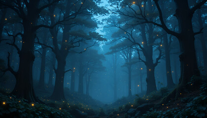 A surreal forest landscape at night, featuring silhouetted trees and a winding trail, all bathed in a soft, bluehued mist and dotted with numerous small, warm lights