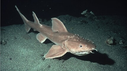 chimaera. A deep-sea chimaera glowing with bioluminescent forehead lights in the dark ocean abyss. wildlife magazines, conservation campaigns, designed for eco-tourism storytelling.