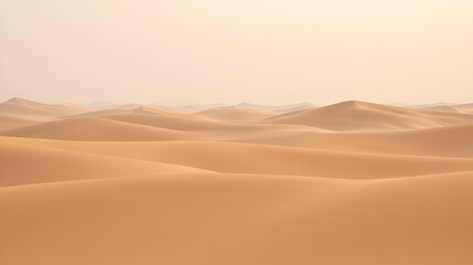 A serene desert landscape featuring smooth, undulating sand dunes under a soft, hazy sky.