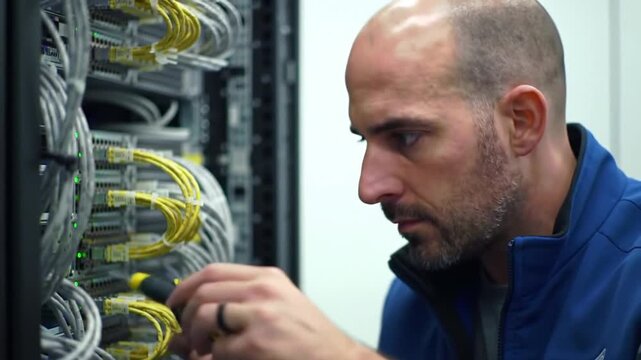 Focused Technician Working on Data Center Patch Panel with Yellow Cables in a Bright Room
