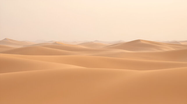 A serene desert landscape featuring smooth, undulating sand dunes under a soft, hazy sky.