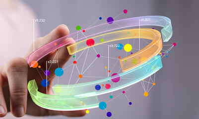 Abstract image of a hand interacting with a vibrant 3D network graph, showcasing data points and...