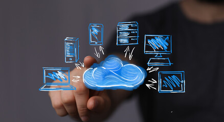 Hand pointing at cloud icon, connected devices. Digital technology, network, data storage, cloud...