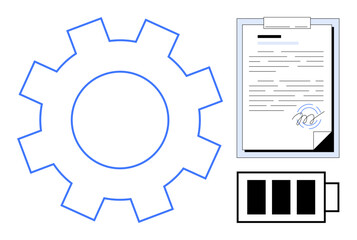 Gear with document featuring a signature and battery icon signify optimization, performance, and process efficiency. Ideal for productivity, automation, approval, energy, workplace, systems simple