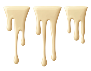 Three dripping, light beige liquid blobs