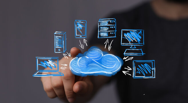 Hand pointing at cloud icon, connected devices. Digital technology, network, data storage, cloud computing, server, internet.