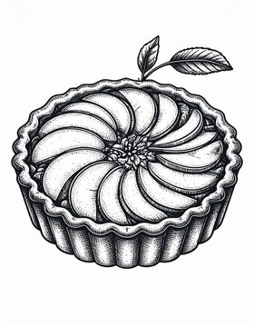 Detailed Illustration of a Round Apple Tart with Leaf Topping on White Background
