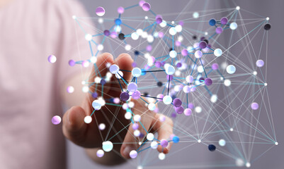 Abstract image of a hand interacting with a complex network of interconnected nodes, representing global communication, data connections, and technology.