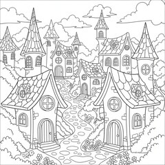 Obraz premium Fantasy town coloring page. Magical fairy tale scene illustration. A peaceful village with cobblestone paths, whimsical houses, and pointy spires. Fun printable activity for children.