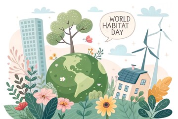 World habitat day illustration celebrating green cities and nature