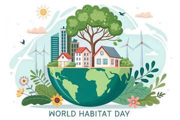 A vibrant illustration of a sustainable city built on a globe, surrounded by nature, representing World Habitat Day.