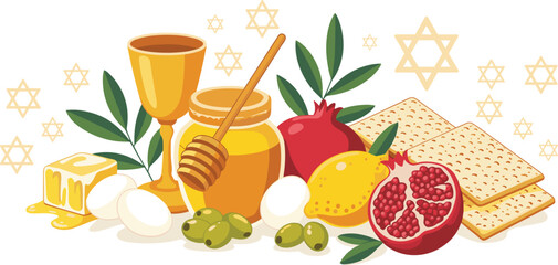 Jewish holiday icons collection: menorah, Torah, dreidels, honey, apples, pomegranate, wine — festive vector set for Hanukkah, Rosh Hashanah & Jewish celebrations.