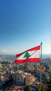 Lebanon flag flutters proudly in the wind, celebrating Independence Day as it overlooks the skyline of Beirut.
