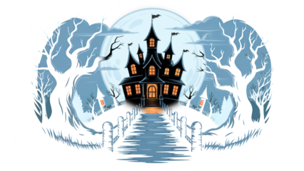 Spooky haunted mansion silhouetted against moon with eerie glowing windows