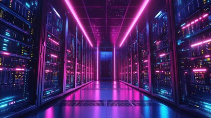 Neon Lights Illuminate Server Room: A Futuristic Data Center