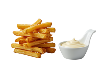 A pyramid of crispy golden-brown french fries with sea salt and gourmet garlic aioli in a ramekin on a white plate, isolated on transparent. Concept for gourmet food advertising