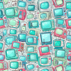 Retro Seamless Pattern of Vintage TVs and Game Consoles
