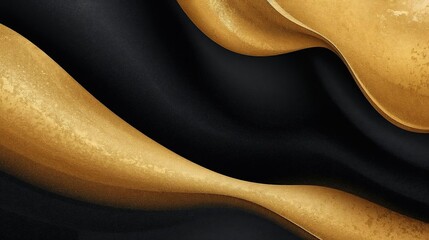An elegant and fluid abstract background featuring smooth, wavy layers of black and gold fabric. This luxurious design with a silky, flowing texture is ideal for high-end product presentations or awar