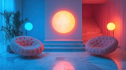 Serene Lunar Lounge: A Retrofuturistic Interior Design
