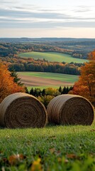 Autumnal Countryside Panorama: Hay Bales and Rolling Hills