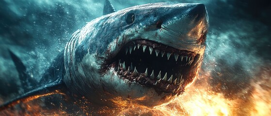 Infernal Jaws: A fiery Great White Shark emerges from the depths