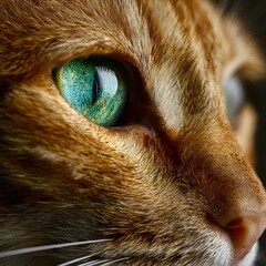  close-up of emerald green cat&rsquo;s eye amidst deep ginger fur, set against a bright modern interior with soft daylight. pets