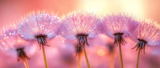 Dew-Kissed Dandelions at Sunset: A Symphony of Pink and Light
